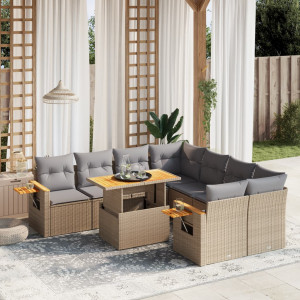 Set de sofás de jardín 9 pzas con cojines ratán sintético beige D