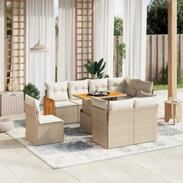 Set de sofás de jardín 9 pzas con cojines ratán sintético beige D