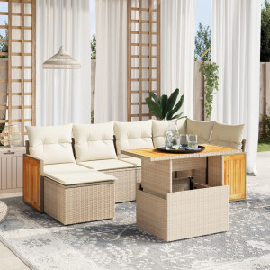 Set sofás de jardín 7 piezas y cojines ratán sintético beige D