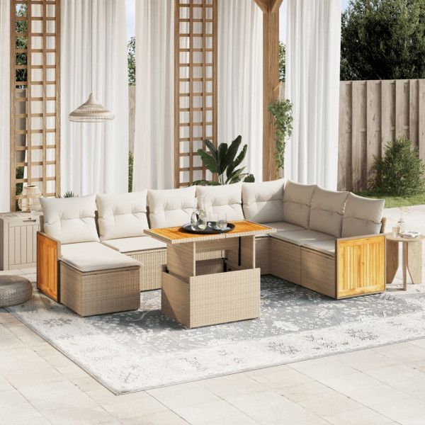 Sofá de jardim conjunto 9 pcs com almofadas de rattan sintético bege D