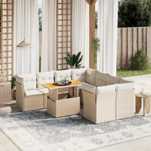 Set de sofás de jardín 9 pzas con cojines ratán sintético beige D