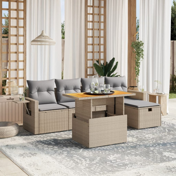 Sofá de jardim com almofadas 6 pcs bege sintético rattan D