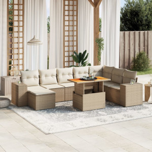 Set de sofás de jardín 9 pzas con cojines ratán sintético beige D