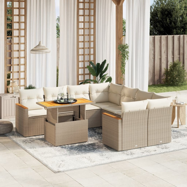 Sofá de jardim conjunto 9 pcs com almofadas de rattan sintético bege D