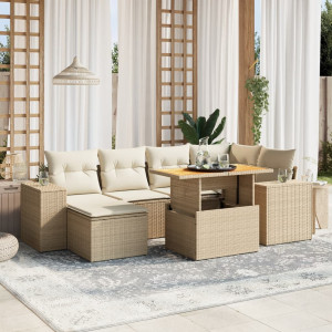 Set sofás de jardín 7 piezas y cojines ratán sintético beige D