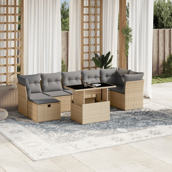 Conjunto de sofás de jardim e almofadas 8 peças bege sintético rattan D