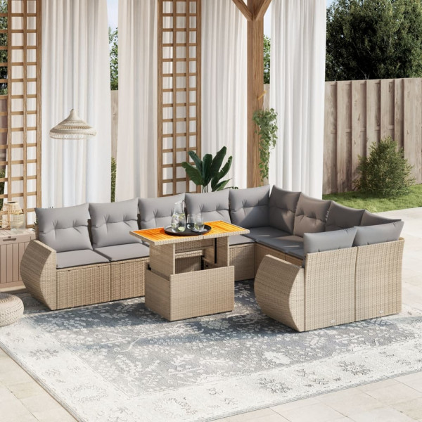 Conjunto de sofá de jardim com almofadas bege 10 peças de rattan sintético D