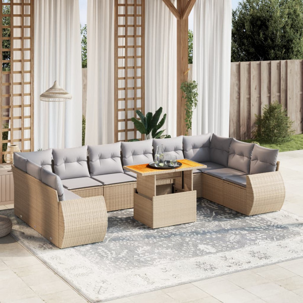 Set de sofás de jardín 11pzas con cojines ratán sintético beige D