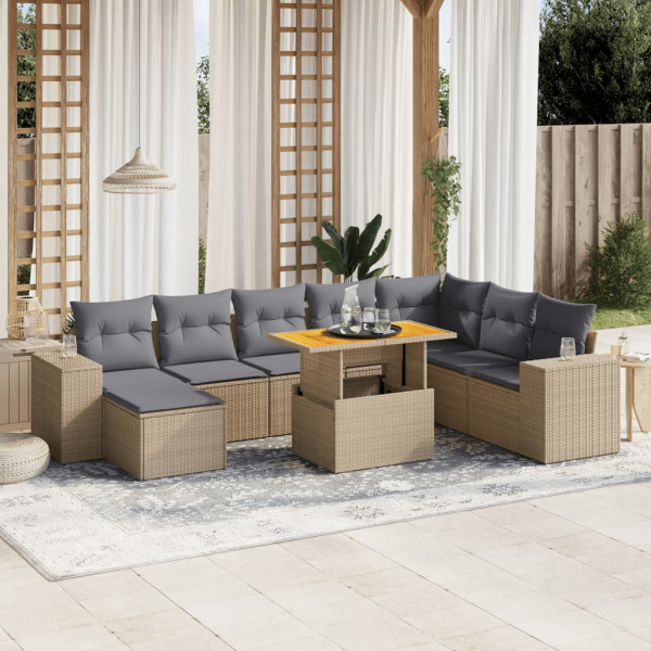 Set de sofás de jardín 9 pzas con cojines ratán sintético beige D