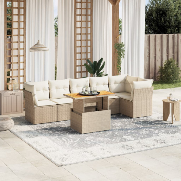 Set sofás de jardín 7 piezas y cojines ratán sintético beige D