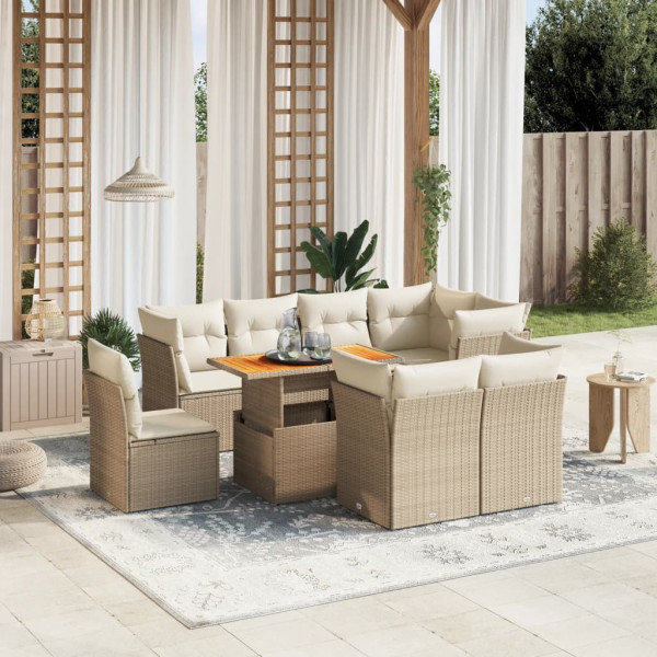 Set de sofás de jardín 9 pzas con cojines ratán sintético beige D