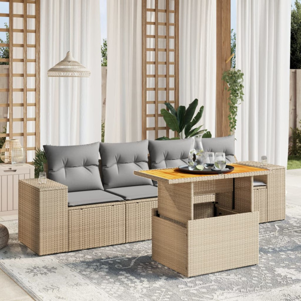 Sofá de jardim com almofadas 5 pcs bege sintético rattan D