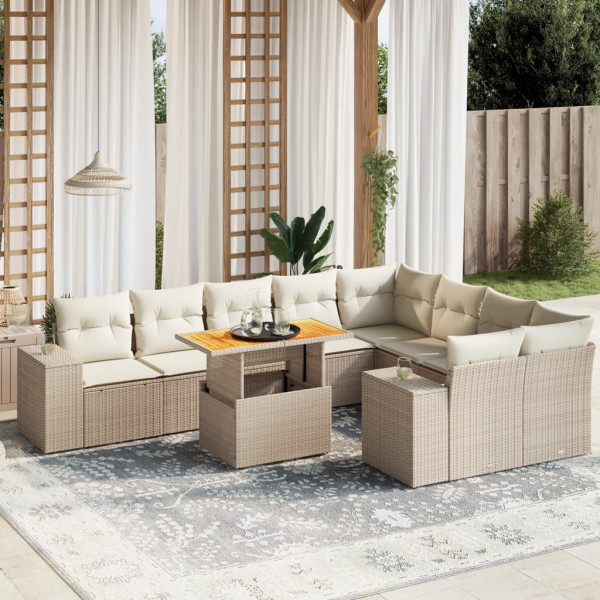 Conjunto de sofá de jardim com almofadas bege 10 peças de rattan sintético D