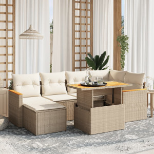 Set sofás de jardín 7 piezas y cojines ratán sintético beige D