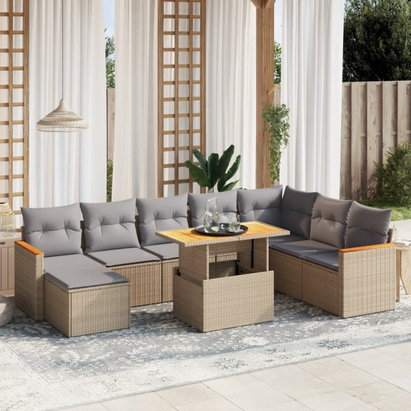 Sofá de jardim conjunto 9 pcs com almofadas de rattan sintético bege D