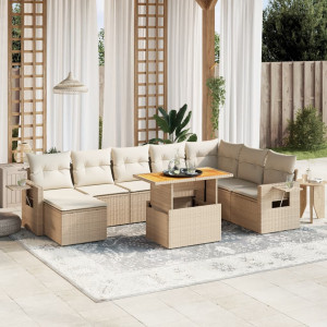 Set de sofás de jardín 9 pzas con cojines ratán sintético beige D