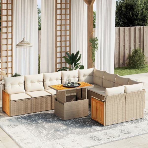 Conjunto de sofá de jardim com almofadas bege 10 peças de rattan sintético D