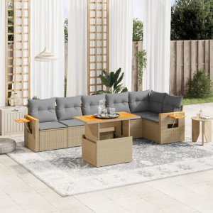 Set sofás de jardín 7 piezas y cojines ratán sintético beige D