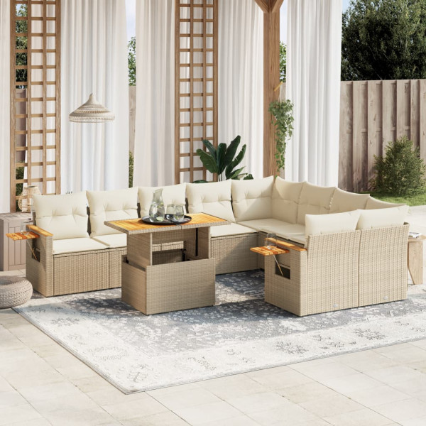 Conjunto de sofá de jardim com almofadas bege 10 peças de rattan sintético D