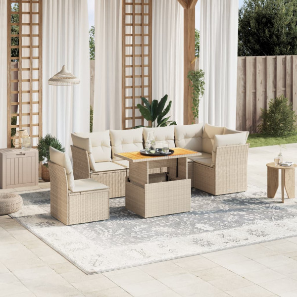 Set sofás de jardín 7 piezas y cojines ratán sintético beige D