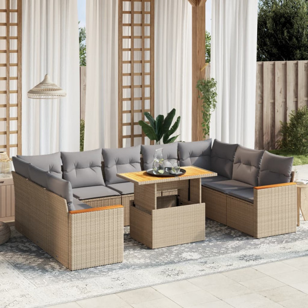 Conjunto de sofá de jardim com almofadas bege 10 peças de rattan sintético D