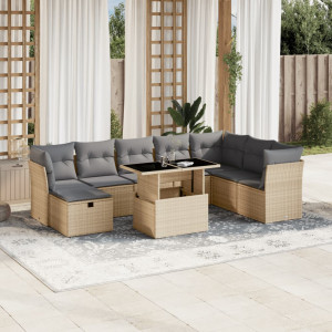 Set de sofás de jardín 9 pzas con cojines ratán sintético beige D