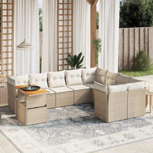 Conjunto de sofá de jardim com almofadas bege 10 peças de rattan sintético D