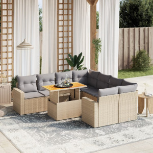 Set de sofás de jardín 9 pzas con cojines ratán sintético beige D