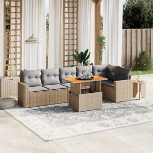 Set sofás de jardín 7 piezas y cojines ratán sintético beige D