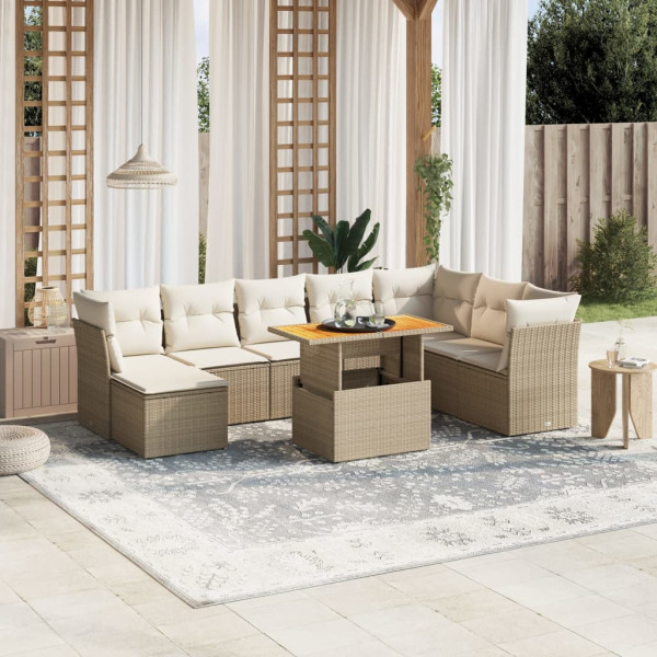 Sofá de jardim conjunto 9 pcs com almofadas de rattan sintético bege D