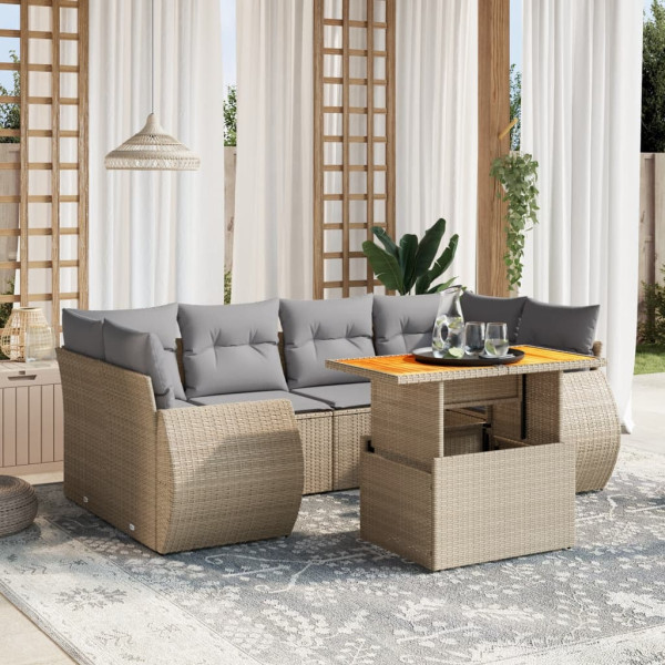 Set sofás de jardín 7 piezas y cojines ratán sintético beige D