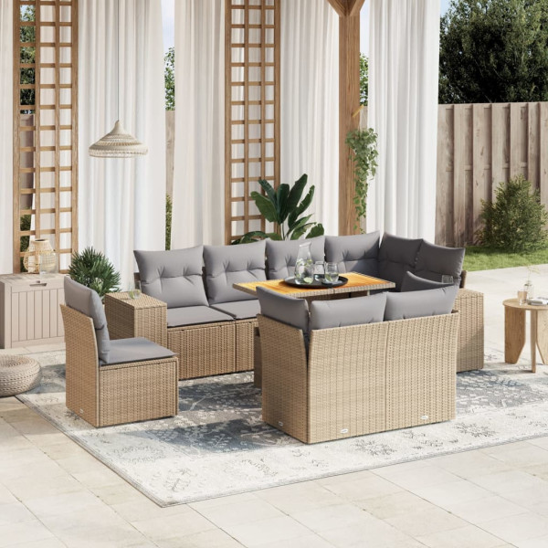 Sofá de jardim conjunto 9 pcs com almofadas de rattan sintético bege D