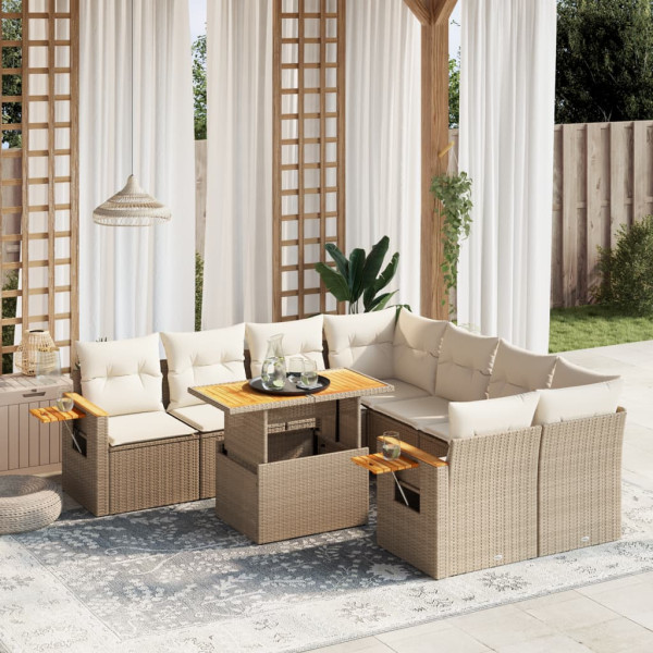 Sofá de jardim conjunto 9 pcs com almofadas de rattan sintético bege D