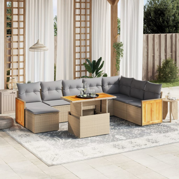 Sofá de jardim conjunto 9 pcs com almofadas de rattan sintético bege D