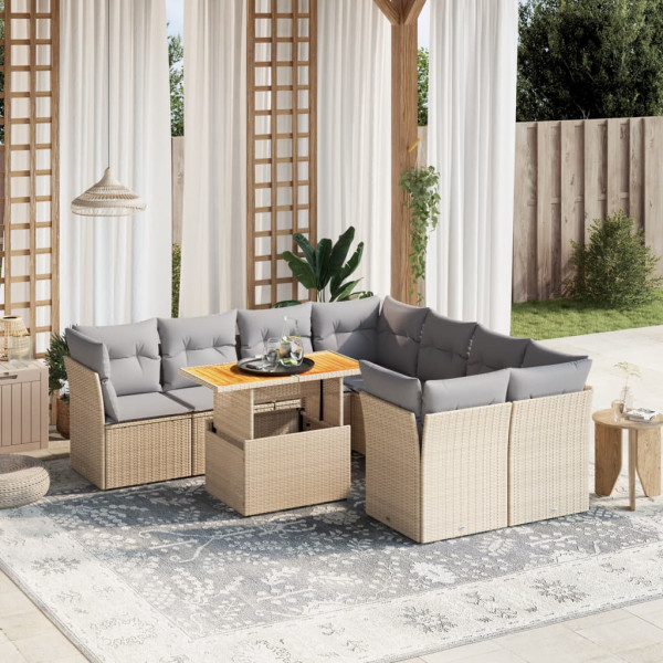 Sofá de jardim conjunto 9 pcs com almofadas de rattan sintético bege D