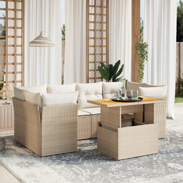 Set sofás de jardín 7 piezas y cojines ratán sintético beige D