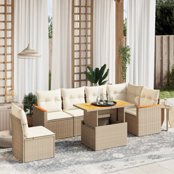 Set sofás de jardín 7 piezas y cojines ratán sintético beige D