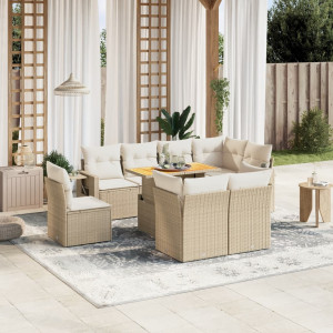 Set de sofás de jardín 9 pzas con cojines ratán sintético beige D