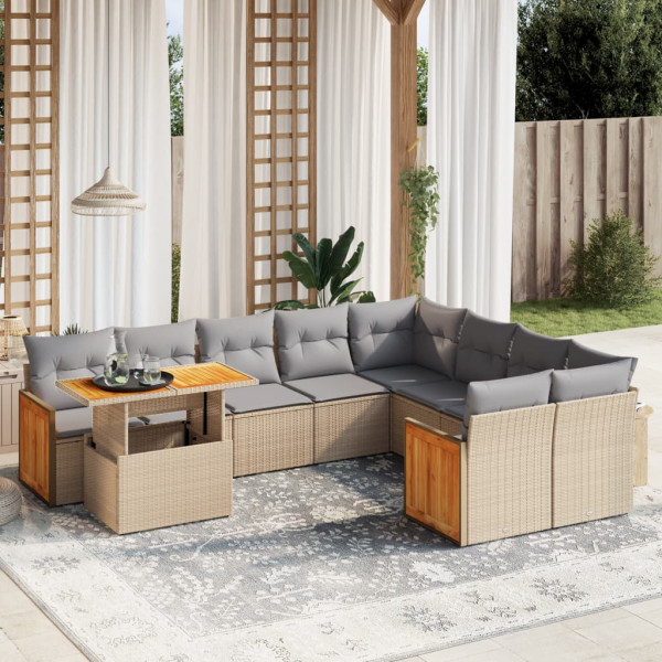 Conjunto de sofá de jardim com almofadas bege 10 peças de rattan sintético D