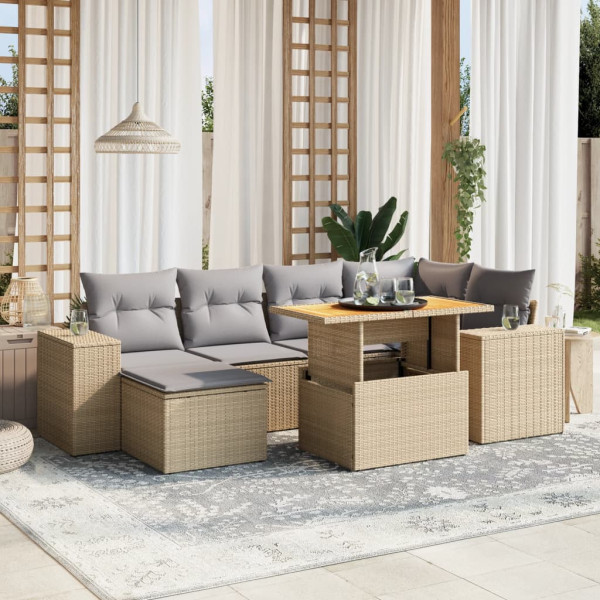 Set sofás de jardín 7 piezas y cojines ratán sintético beige D