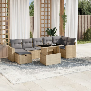 Set de sofás de jardín y cojines 8 piezas ratán sintético beige D