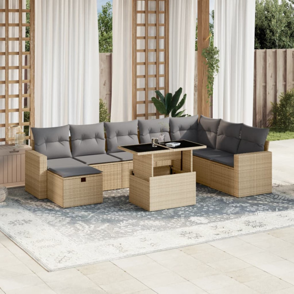 Set de sofás de jardín 9 pzas con cojines ratán sintético beige D