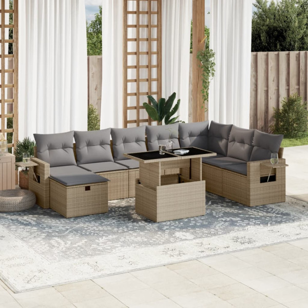 Sofá de jardim conjunto 9 pcs com almofadas de rattan sintético bege D