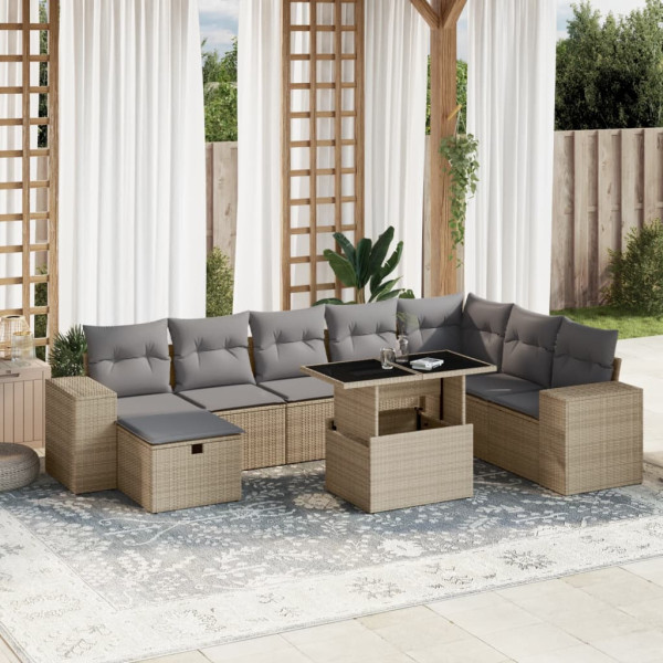 Sofá de jardim conjunto 9 pcs com almofadas de rattan sintético bege D