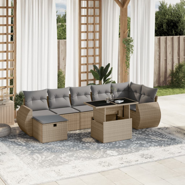 Conjunto de sofás de jardim e almofadas 8 peças bege sintético rattan D