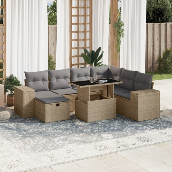 Set de sofás de jardín y cojines 8 piezas ratán sintético beige D