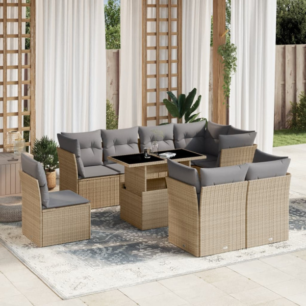 Sofá de jardim conjunto 9 pcs com almofadas de rattan sintético bege D