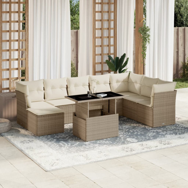 Sofá de jardim conjunto 9 pcs com almofadas de rattan sintético bege D