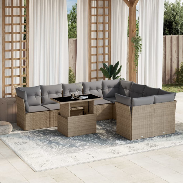 Conjunto de sofá de jardim com almofadas bege 10 peças de rattan sintético D