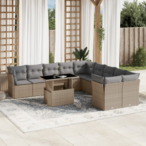 Set de sofás de jardín 11pzas con cojines ratán sintético beige D